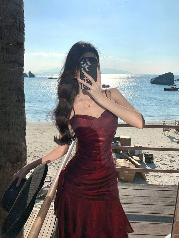 Sexy Meerjungfrau Spaghettiträger 21. Geburtstag Elegante Outfits Burgund Lange Hochzeitsgastkleider N4014