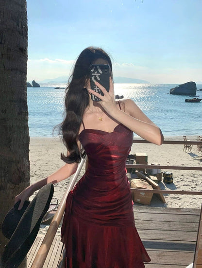 Sexy Meerjungfrau Spaghettiträger 21. Geburtstag Elegante Outfits Burgund Lange Hochzeitsgastkleider N4014