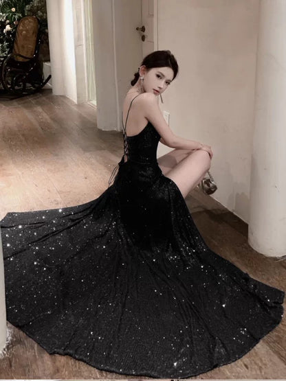 Sparkly A line Spaghetti Strap Sequin 18th Birthday Elegant Outfit Backless Slit Wedding Guest Dresses N4017
