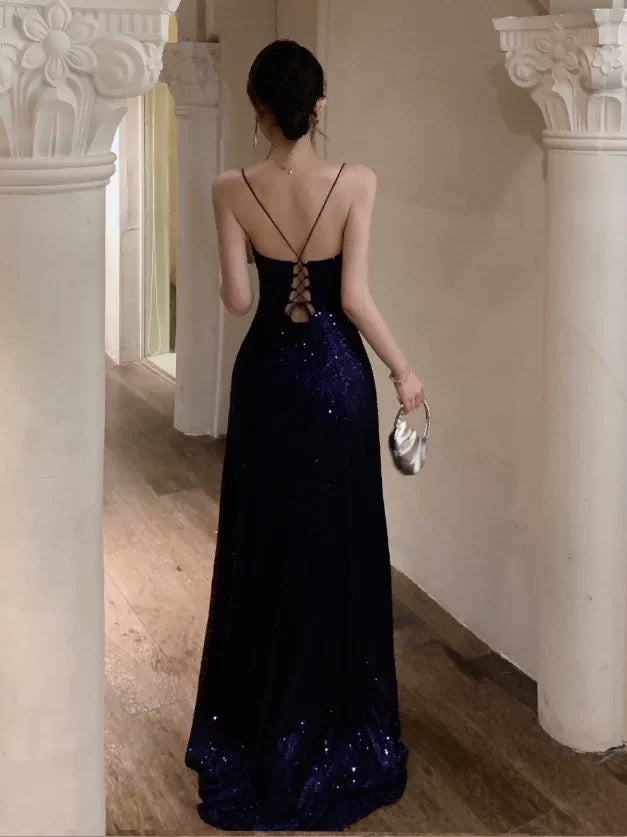 Sparkly A line Spaghetti Strap Sequin 18th Birthday Elegant Outfit Backless Slit Wedding Guest Dresses N4017