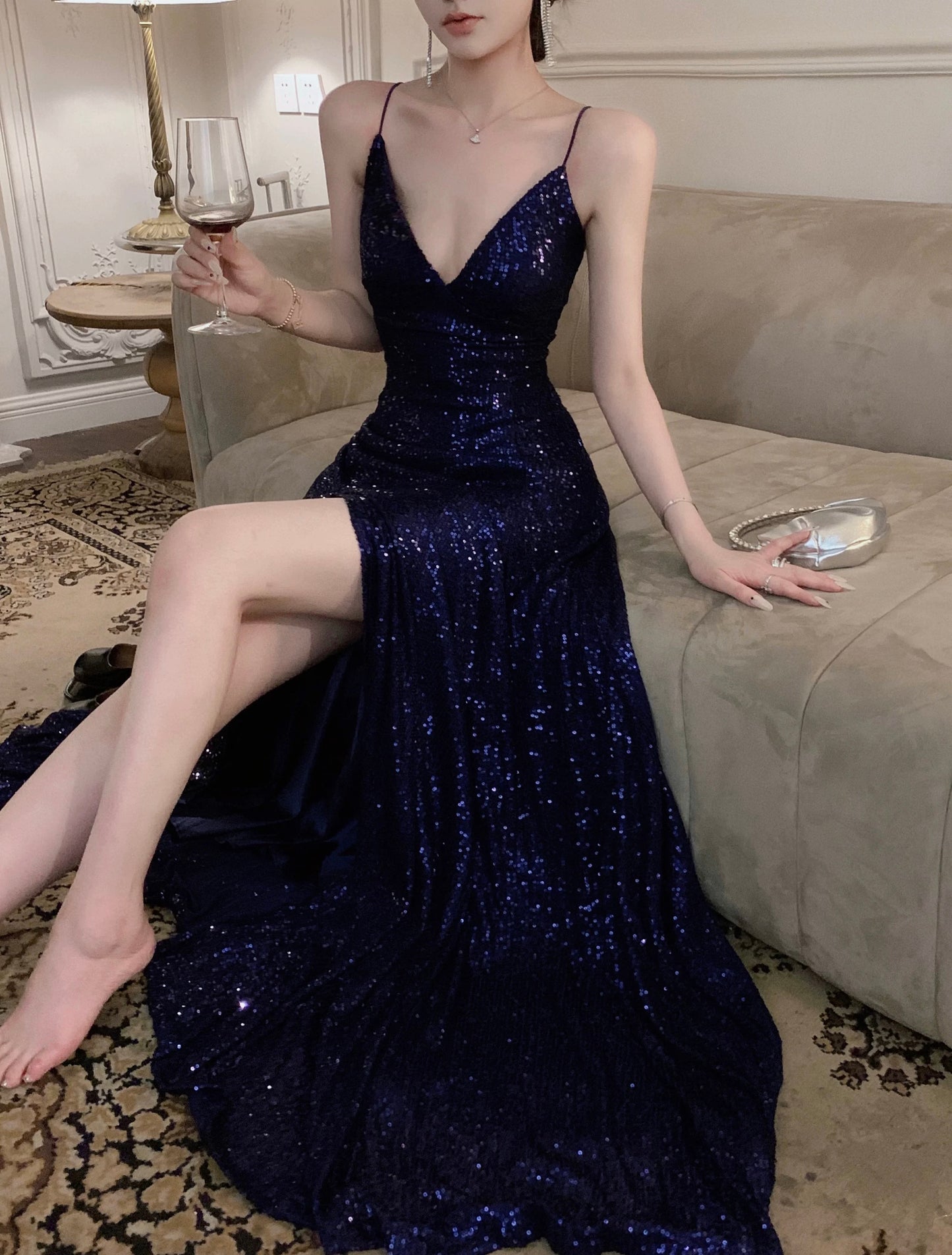 Sparkly A line Spaghetti Strap Sequin 18th Birthday Elegant Outfit Backless Slit Wedding Guest Dresses N4017