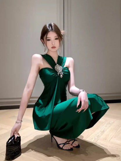 Mermaid Halter Dark Emerald Green 21st Birthday Elegant Outfit Tea Length Wedding Guest Dresses N4018