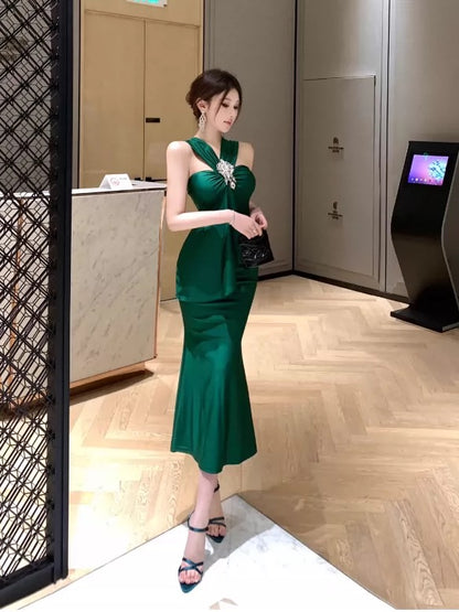 Mermaid Halter Dark Emerald Green 21st Birthday Elegant Outfit Tea Length Wedding Guest Dresses N4018