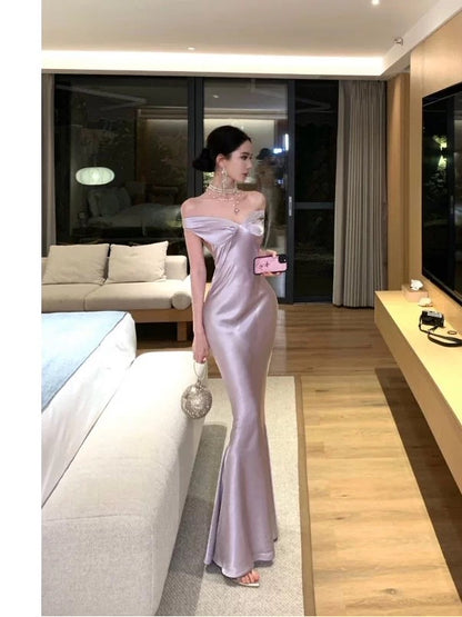 Robes de soirée sirène simples, en satin lilas, sans bretelles, robe de soirée formelle N4018