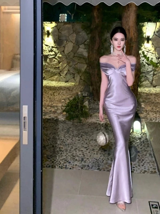 Einfache Abiballkleider Meerjungfrau Off-Shoulder Flieder Satin Abendkleid Festliches Kleid N4018