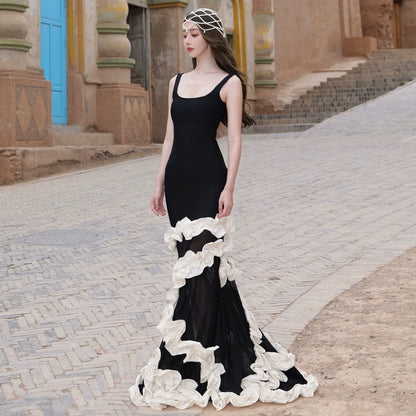 Robe de soirée élégante sirène noire, col carré, pour 21e anniversaire, longueur ras du sol, pour invitée de mariage N4019