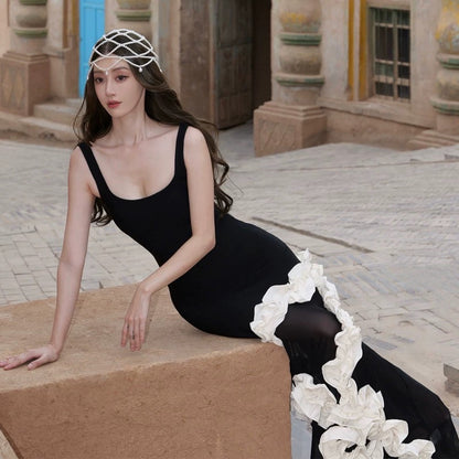 Robe de soirée élégante sirène noire, col carré, pour 21e anniversaire, longueur ras du sol, pour invitée de mariage N4019