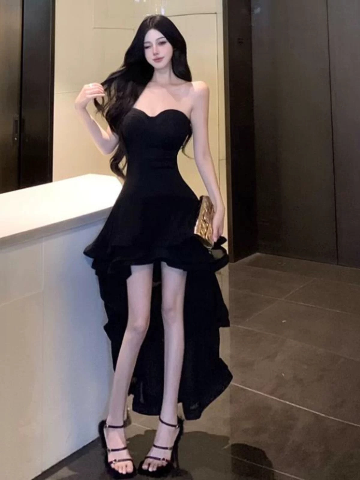 Robes de soirée sexy noires taille haute et basse, col cœur, pour 21ème anniversaire, tenues élégantes, robes d'invitée de mariage N4020