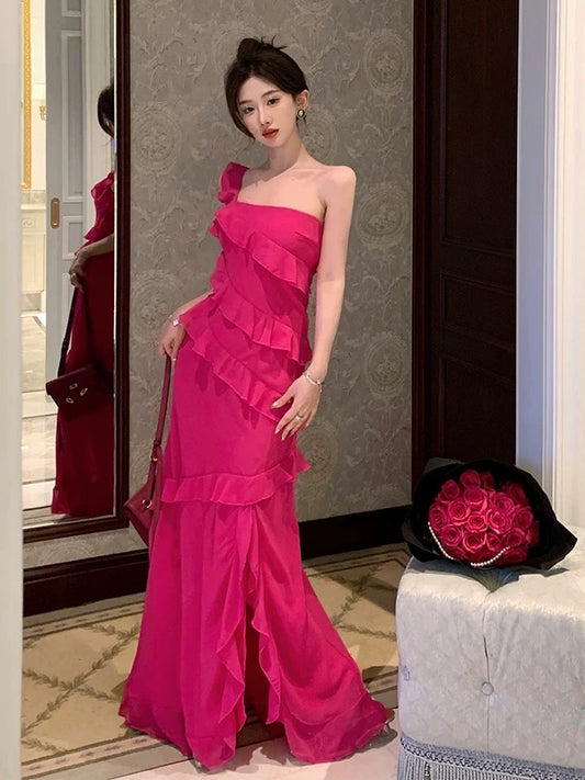 Elegante Ballkleider Meerjungfrau One-Shoulder Hot Pink Chiffon Abendkleid N4021
