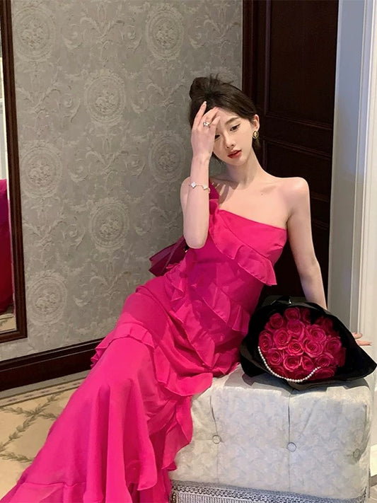 Elegante Ballkleider Meerjungfrau One-Shoulder Hot Pink Chiffon Abendkleid N4021