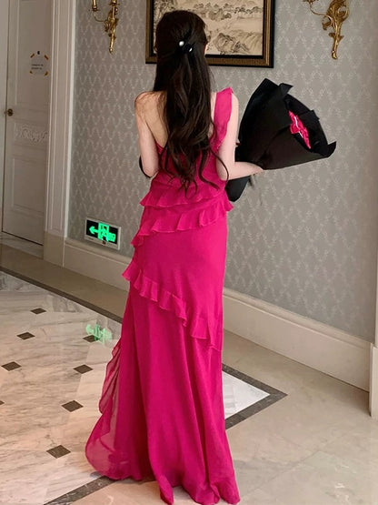 Robes de bal élégantes Robe de soirée sirène asymétrique en mousseline rose fuchsia Robe de cérémonie N4021