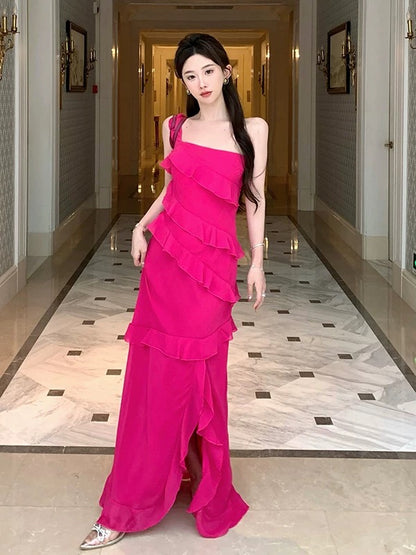 Robes de bal élégantes Robe de soirée sirène asymétrique en mousseline rose fuchsia Robe de cérémonie N4021