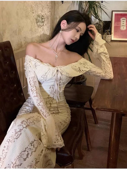 Robe sirène blanche en dentelle, épaules dénudées, pour 21e anniversaire, tenue élégante avec manches longues, robes d'invitée de mariage N4024