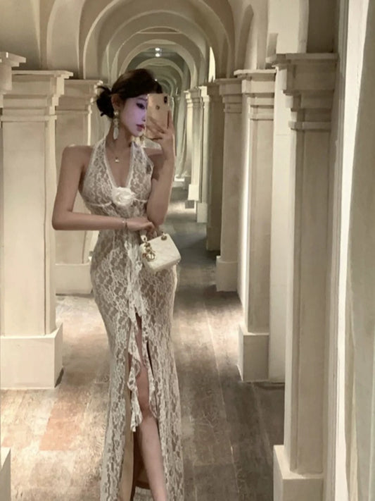Elegante Abschlussballkleider Meerjungfrau Neckholder Ärmellos Weiß Spitze Abendkleid Ballkleid N4025