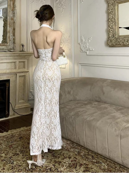 Classy Prom Dresses Mermaid Halter Sleeveless White Lace Evening Gown Formal Dress N4025
