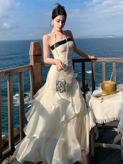 Meerjungfrau Spaghetti-Träger Weiß Bodenlang 21. Geburtstag Elegantes Outfit Sommer Hochzeitsgastkleider N4031