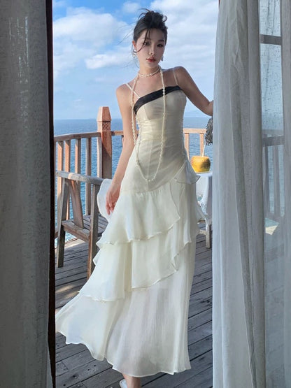 Meerjungfrau Spaghetti-Träger Weiß Bodenlang 21. Geburtstag Elegantes Outfit Sommer Hochzeitsgastkleider N4031