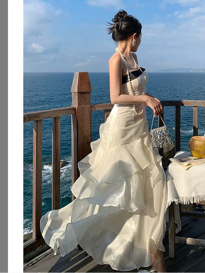 Meerjungfrau Spaghetti-Träger Weiß Bodenlang 21. Geburtstag Elegantes Outfit Sommer Hochzeitsgastkleider N4031