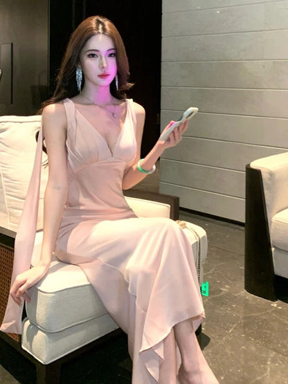 Sexy Mermaid V Neck Pink 18th Birthday Elegant Outfit Summer Wedding Guest Dresses N4033
