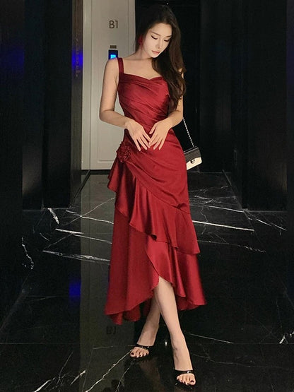 Robe de soirée élégante sirène bordeaux à bretelles spaghetti, longueur cheville, pour 21e anniversaire, idéale pour les invités de mariage estival N4035