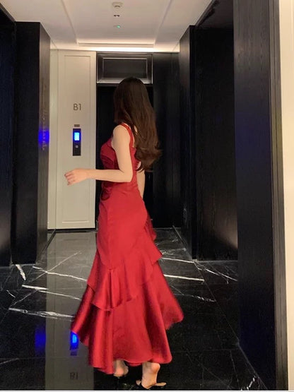 Robe de soirée élégante sirène bordeaux à bretelles spaghetti, longueur cheville, pour 21e anniversaire, idéale pour les invités de mariage estival N4035