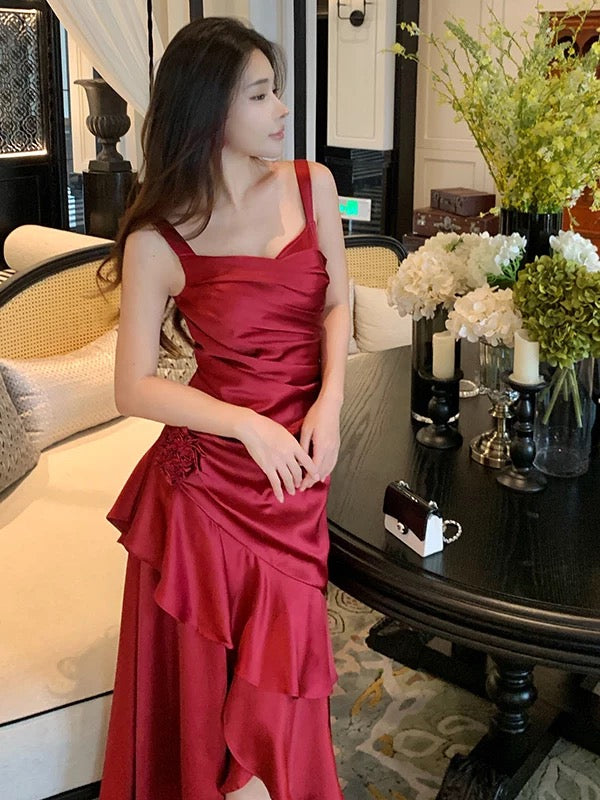 Robe de soirée élégante sirène bordeaux à bretelles spaghetti, longueur cheville, pour 21e anniversaire, idéale pour les invités de mariage estival N4035