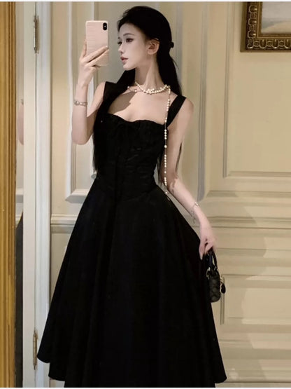 A line Square Neck Black Tea Length 21st Birthday Elegant Outfit Summer Wedding Guest Dresses N4036