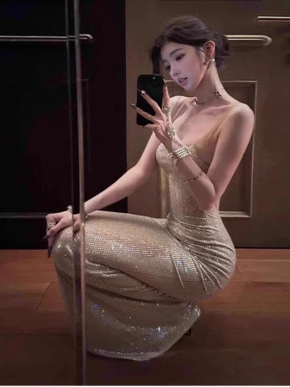 Robe Sirène Sexy à Bretelles Fines, Paillettes et Dos Nu, Tenue Élégante pour 18ème Anniversaire, Robes d'Invitée de Mariage d'Été N4037