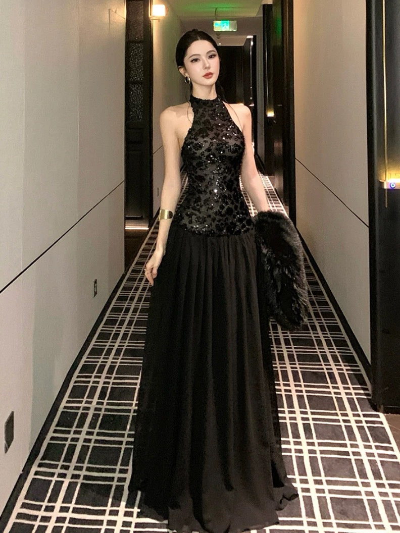 Sexy Robe de Soirée Élégante Trapèze à Col Halter Noire Pailletée Taille Basse Longueur Ras du Sol pour 21e Anniversaire Robes d'Invitée de Mariage d'Été N4038