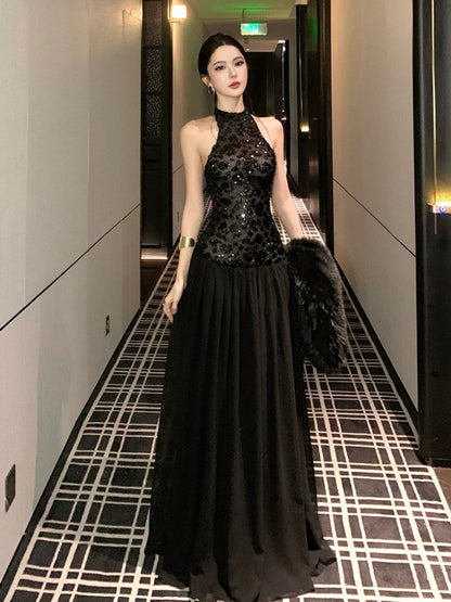 Sexy Robe de Soirée Élégante Trapèze à Col Halter Noire Pailletée Taille Basse Longueur Ras du Sol pour 21e Anniversaire Robes d'Invitée de Mariage d'Été N4038