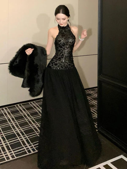 Sexy Robe de Soirée Élégante Trapèze à Col Halter Noire Pailletée Taille Basse Longueur Ras du Sol pour 21e Anniversaire Robes d'Invitée de Mariage d'Été N4038