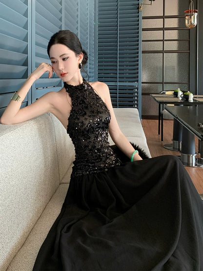 Sexy Robe de Soirée Élégante Trapèze à Col Halter Noire Pailletée Taille Basse Longueur Ras du Sol pour 21e Anniversaire Robes d'Invitée de Mariage d'Été N4038