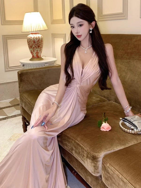Robe de sirène sexy, col en V, rose, dos nu, pour 18e anniversaire, élégante, pour invitée de mariage estival N4039