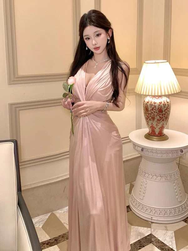 Robe de sirène sexy, col en V, rose, dos nu, pour 18e anniversaire, élégante, pour invitée de mariage estival N4039