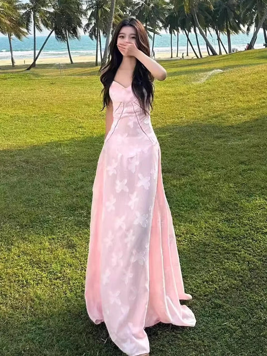 Elegante Abschlussballkleider A-Linie Spaghettiträger Rosa Spitze Abendkleid Langes Ballkleid N4042