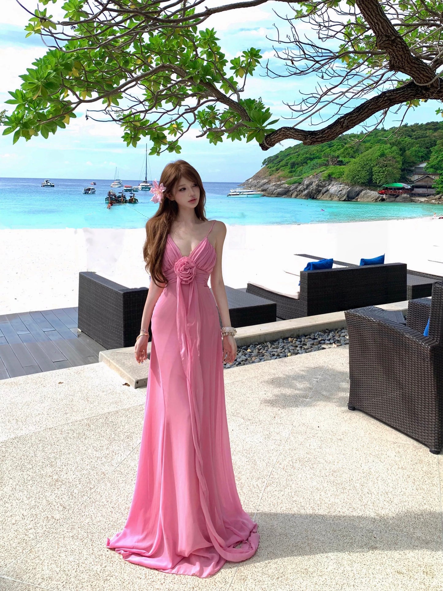 Sexy Meerjungfrau Spaghettiträger Rosa Chiffon 21. Geburtstag Elegantes Outfit Sommer Hochzeitsgastkleider N4043