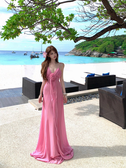 Sexy Meerjungfrau Spaghettiträger Rosa Chiffon 21. Geburtstag Elegantes Outfit Sommer Hochzeitsgastkleider N4043