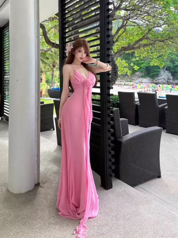 Sexy Meerjungfrau Spaghettiträger Rosa Chiffon 21. Geburtstag Elegantes Outfit Sommer Hochzeitsgastkleider N4043