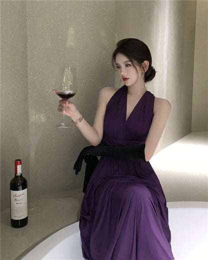 Robe de soirée élégante en mousseline de soie violette avec dos nu et col licou, coupe trapèze pour 18e anniversaire, invitée de mariage d'été N4044