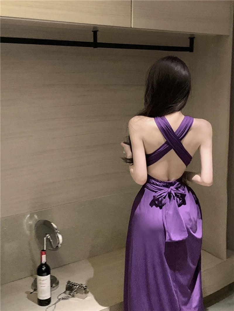 Robe de soirée élégante en mousseline de soie violette avec dos nu et col licou, coupe trapèze pour 18e anniversaire, invitée de mariage d'été N4044
