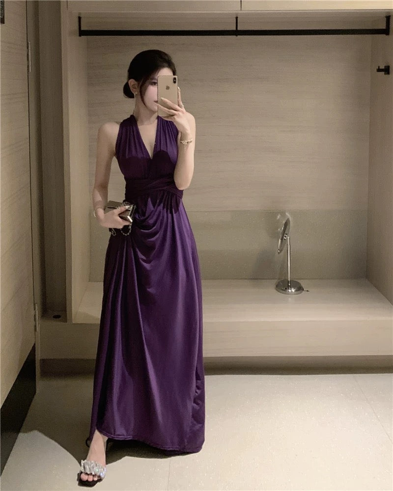 Robe de soirée élégante en mousseline de soie violette avec dos nu et col licou, coupe trapèze pour 18e anniversaire, invitée de mariage d'été N4044