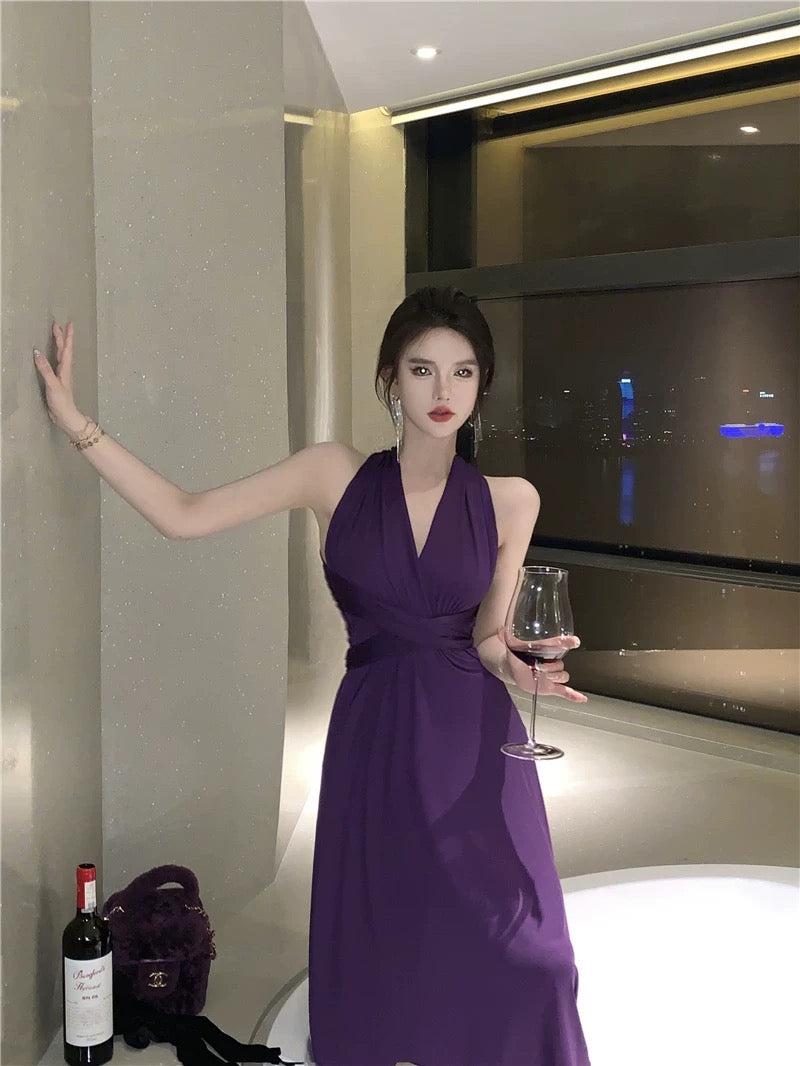 Robe de soirée élégante en mousseline de soie violette avec dos nu et col licou, coupe trapèze pour 18e anniversaire, invitée de mariage d'été N4044