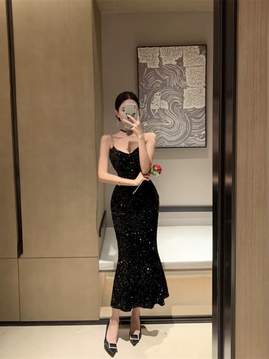 Sexy Mermaid Spaghetti Strap Black Tie 18th Birthday Elegant Outfit Sequin Wedding Guest Dresses N4046