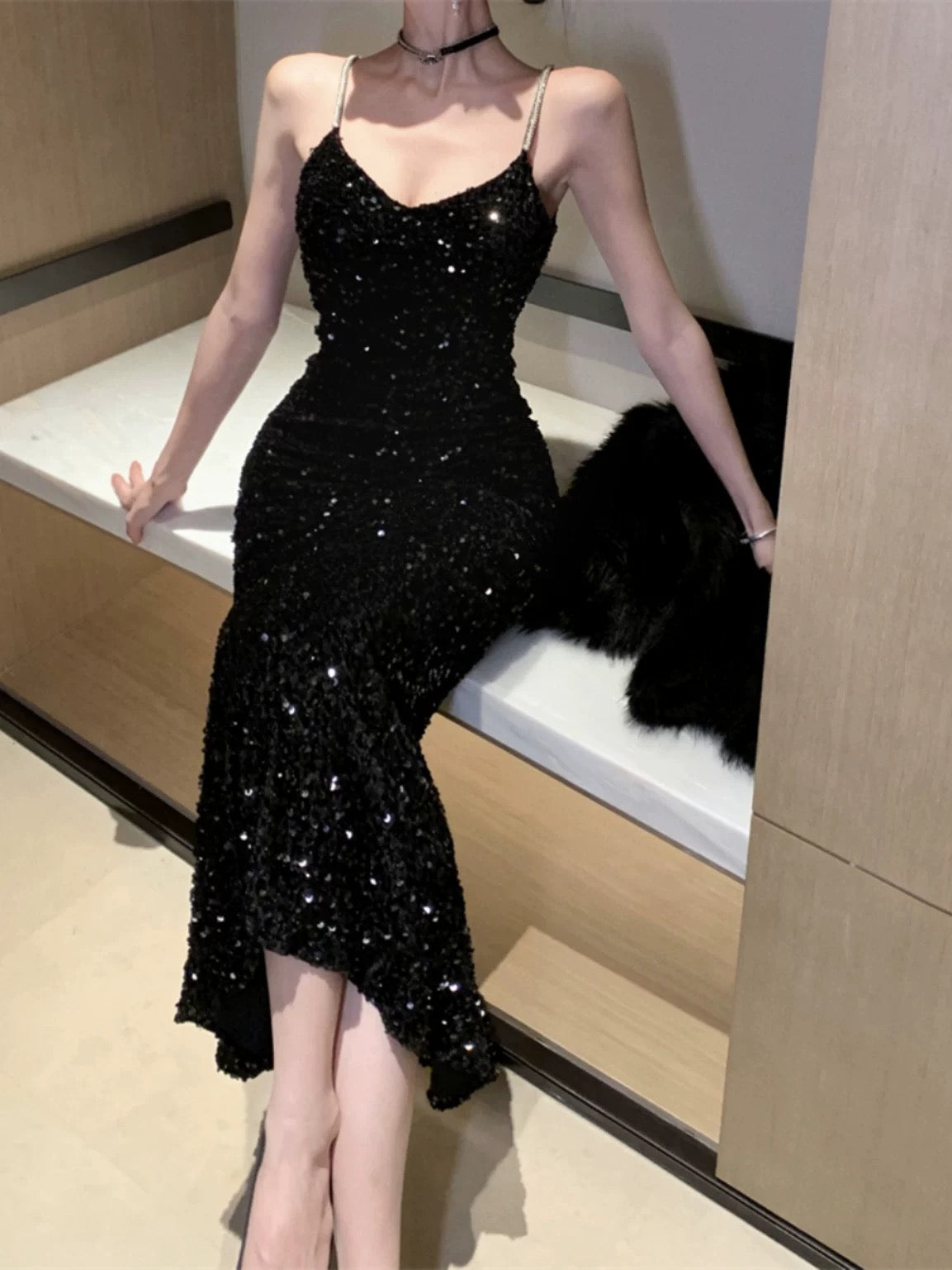 Sexy Mermaid Spaghetti Strap Black Tie 18th Birthday Elegant Outfit Sequin Wedding Guest Dresses N4046