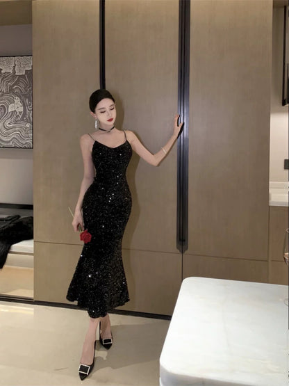 Sexy Mermaid Spaghetti Strap Black Tie 18th Birthday Elegant Outfit Sequin Wedding Guest Dresses N4046