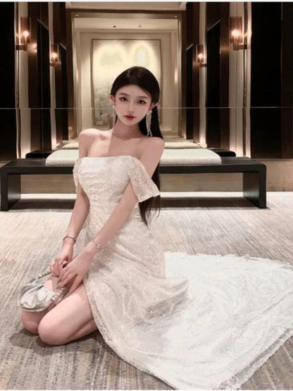Robe élégante sirène sexy à épaules dénudées avec sequins blancs pour 21ème anniversaire, tenue d'invitée pour mariage d'été N4051