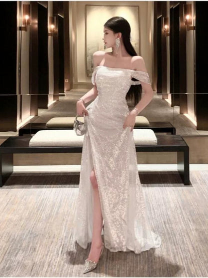 Robe élégante sirène sexy à épaules dénudées avec sequins blancs pour 21ème anniversaire, tenue d'invitée pour mariage d'été N4051