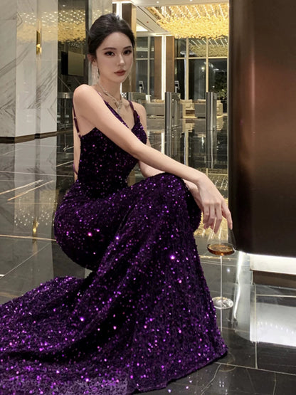 Meerjungfrau Spaghettiträger Lila Pailletten 18. Geburtstag Elegantes Outfit Langes Abschlussball Brautjungfernkleid N4052
