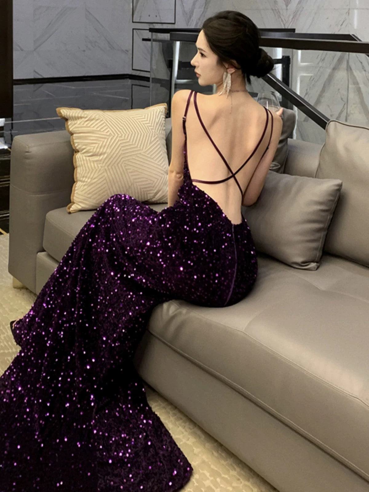 Meerjungfrau Spaghettiträger Lila Pailletten 18. Geburtstag Elegantes Outfit Langes Abschlussball Brautjungfernkleid N4052