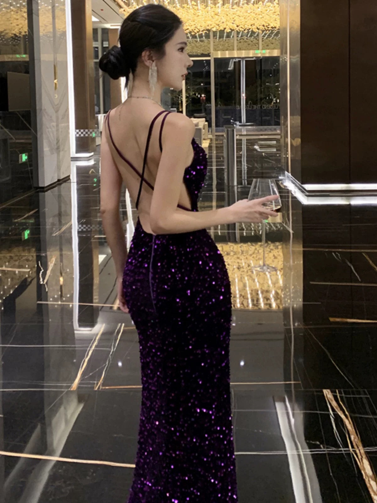 Meerjungfrau Spaghettiträger Lila Pailletten 18. Geburtstag Elegantes Outfit Langes Abschlussball Brautjungfernkleid N4052